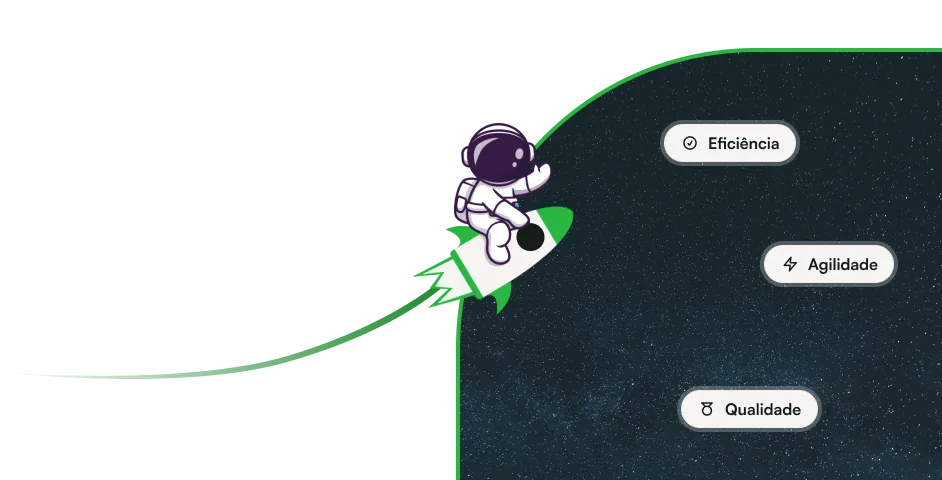 Ilustração de um astronauta em um foguete: eficiência, agilidade e qualidade